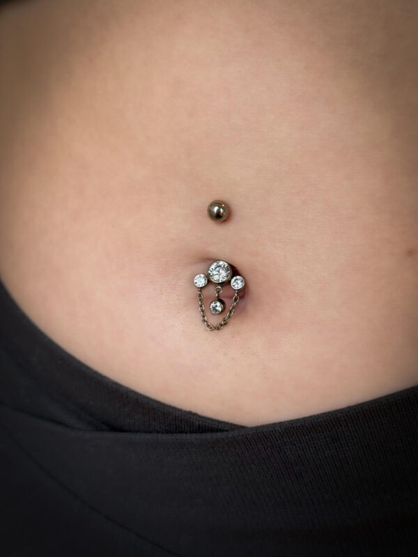 Navel Curve with Chain & Gem Dangles -Titanium