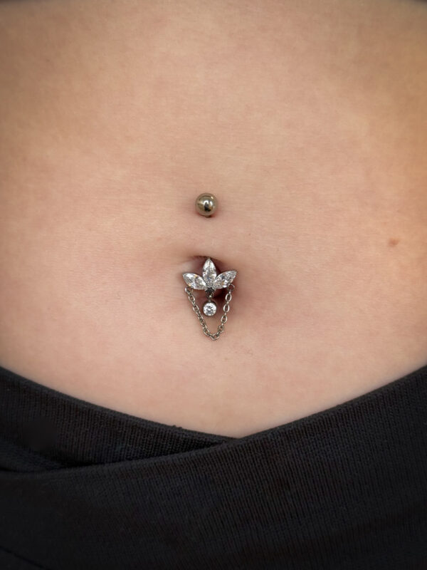 Navel Curve With Marquise Gems & Chain Dangle -Titanium - Image 2